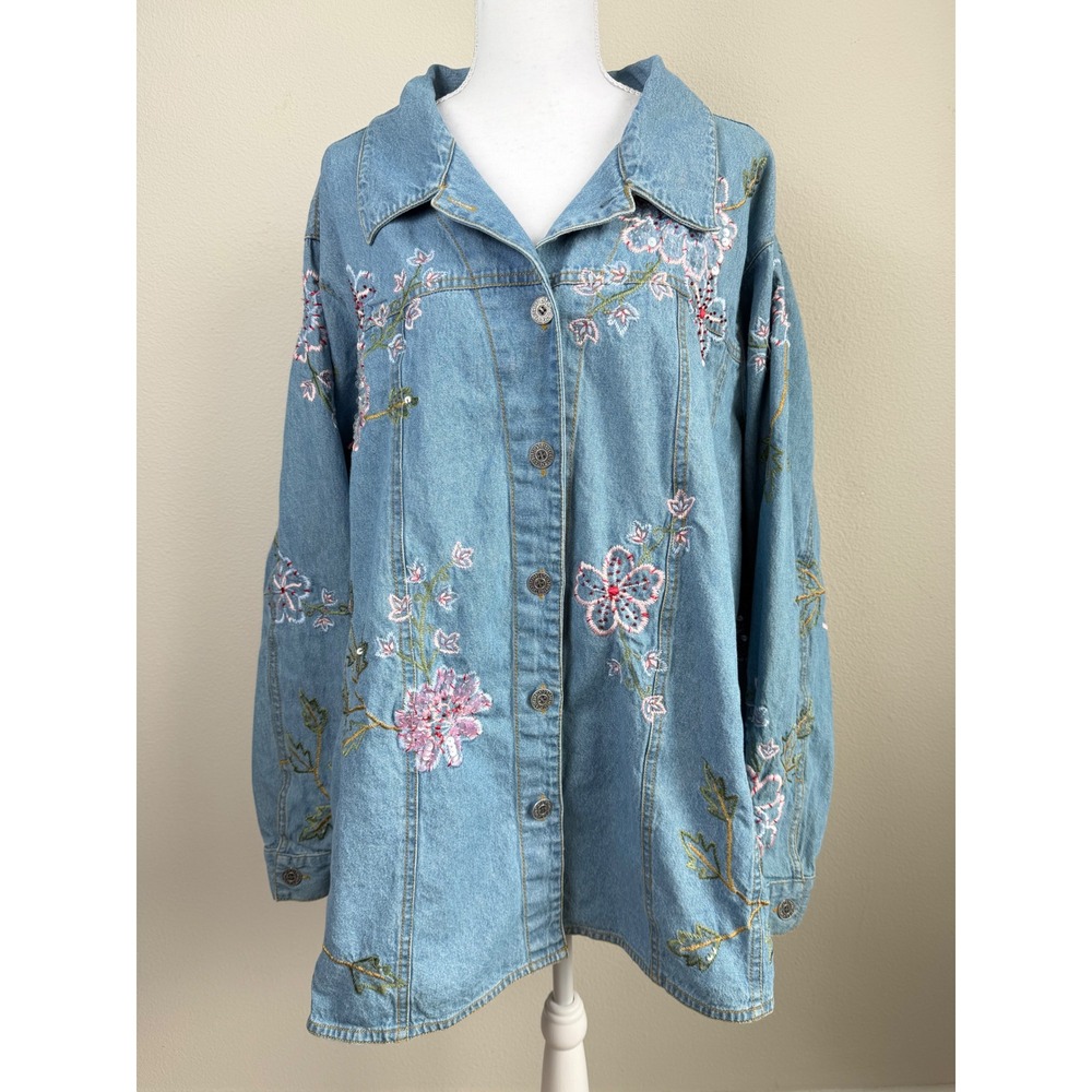 Venezia Women Denim Shirt Rodeo 26/28 Floral Embroidered Sequin Boho Blue 4X